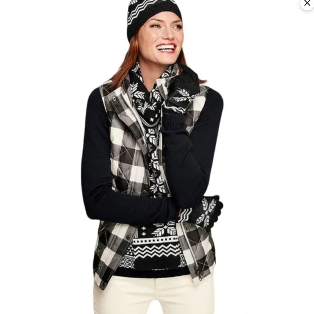 New Talbots Down Quilted Vest Black Grey White Large Buffalo Plaid Puffer XS - Picture 6 of 16